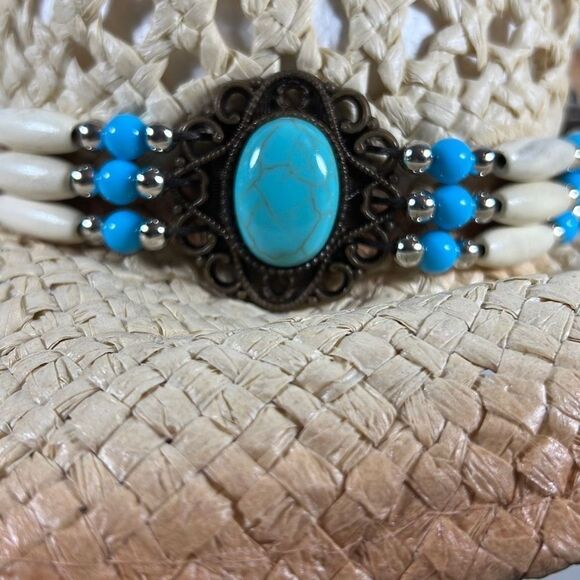 100% Paper Cowboy Hat w/ Turquoise & Brown Band. Beige. OSFM. - Picture 7 of 9